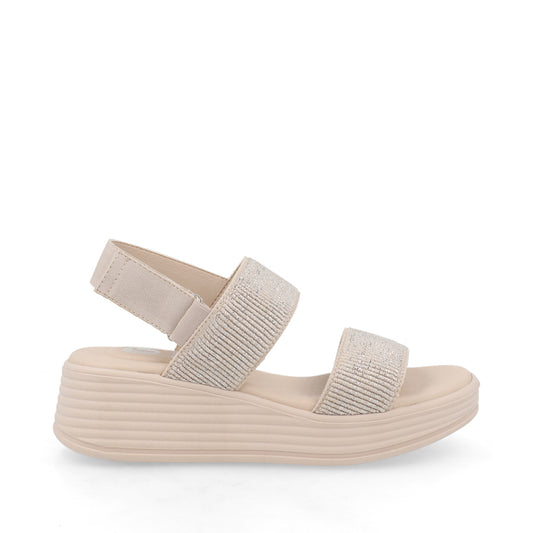 Sandalia Casual Trender color Beige para Mujer con detalles de Brillos y ajuste de Velcro