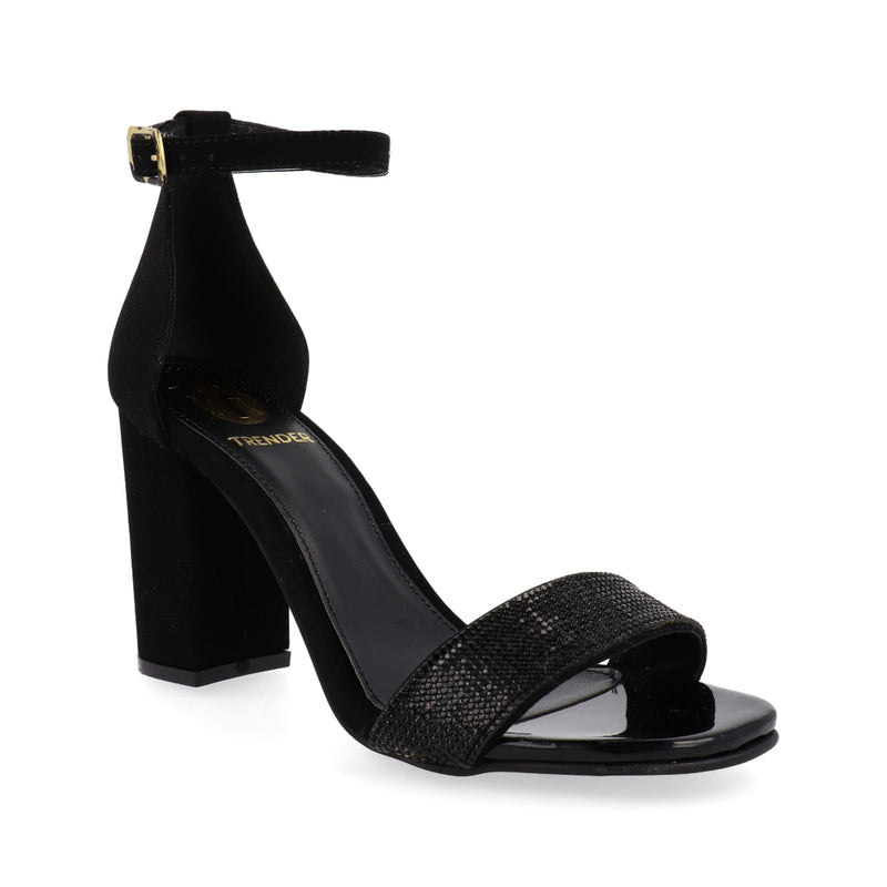 Sandalia Color Negro con Tacón Medio Grueso y Pulsera para Mujer