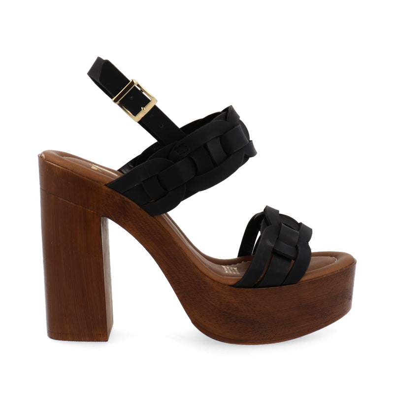Sandalia Color Negro con Tacón Alto  y  Grueso Tipo Madera para Mujer