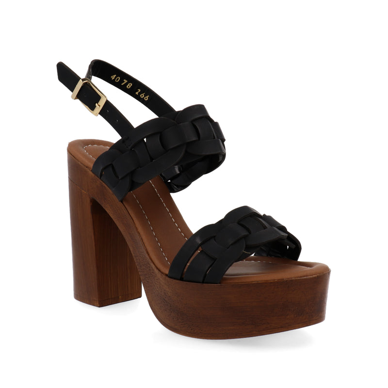 Sandalia Color Negro con Tacón Alto  y  Grueso Tipo Madera para Mujer